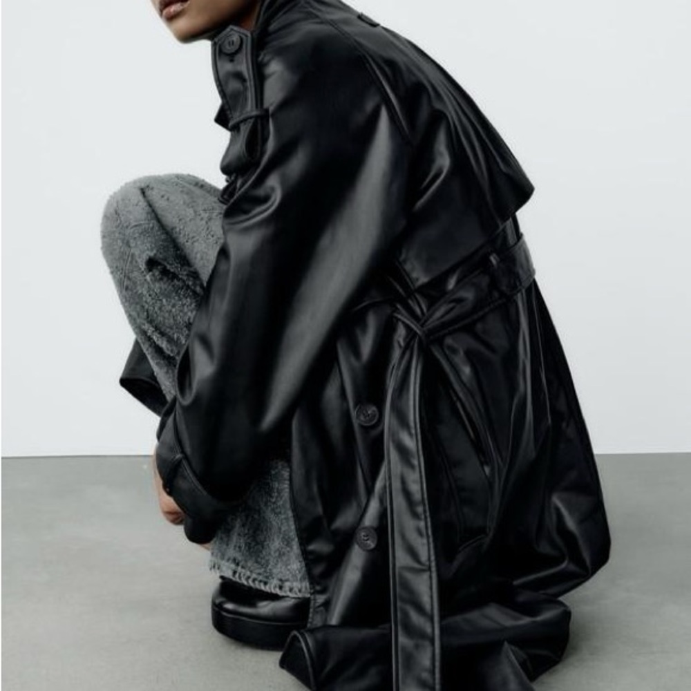 NWT Faux Leather Double-Breasted Trench Coat - Picture 3 of 6